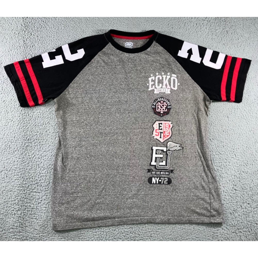 Ecko Unltd T-Shirt Men 2XL Grey Black Raglan Graphic Varsity‎ y2k Streetwear